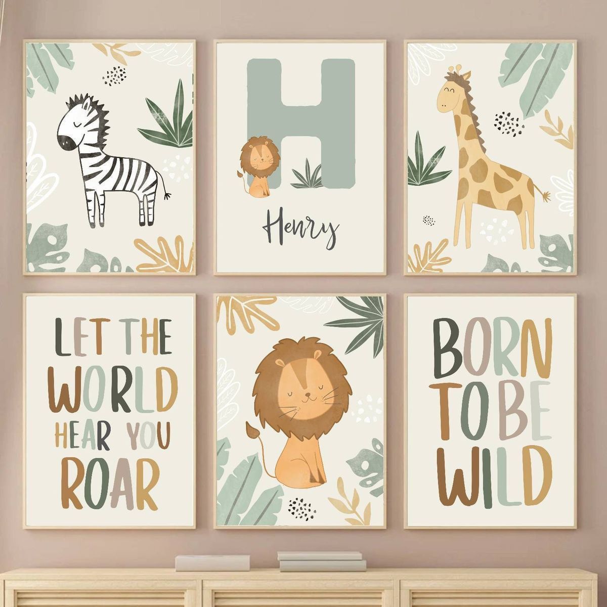 Safari Dreams Personalized Nursery Wall Art | 6-Piece Safari Animal Canvas Print Set