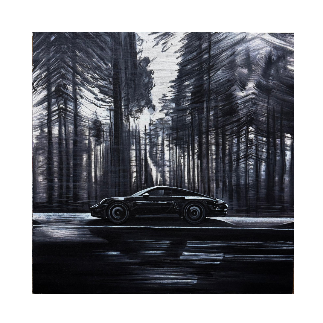 Midnight Drive – Oil Painting of Porsche in Dark Forest