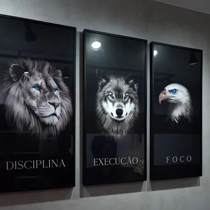 Elite Mindset Wall Art | Wolf, Lion & Eagle Motivational 3-Piece Canvas Print Set